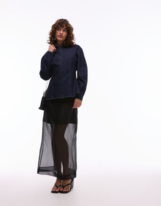 ARKET sculptural denim shirt with cinched waist in clean indigo