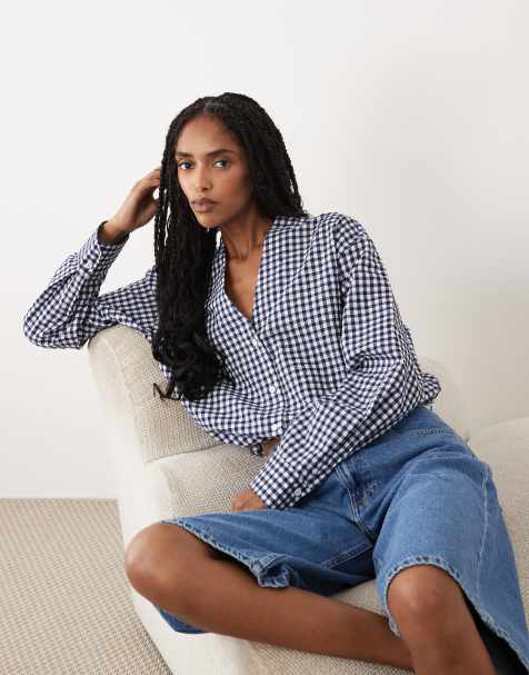 ARKET - Seersucker blouse met pofzoom in donkerblauwe gingham ruit - view 1