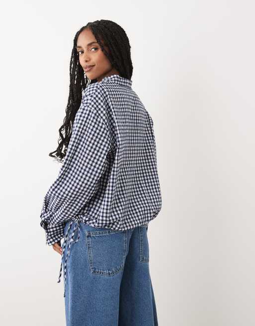 ARKET seersucker bubble hem blouse in dark blue gingham, 4 of 4