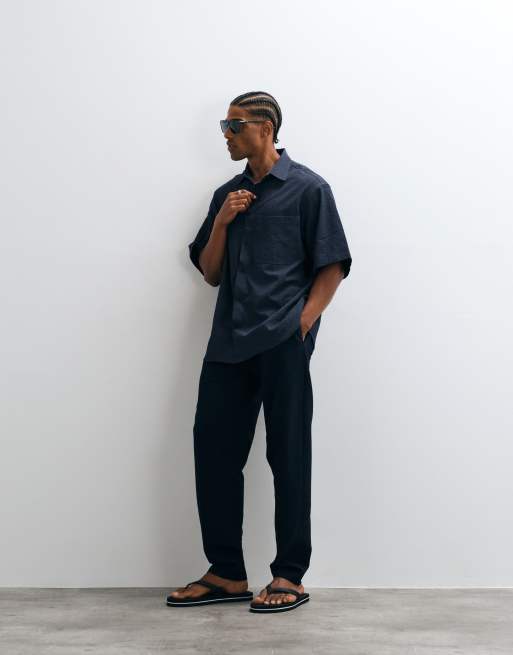 ARKET seersucker crinkle short sleeve shirt in navy, 3 of 5