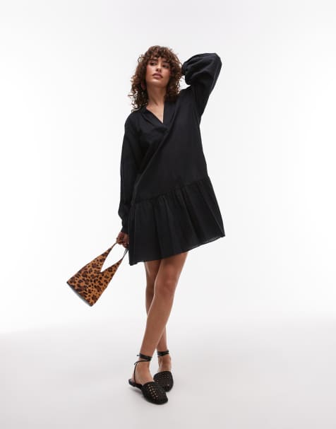 ARKET seersucker mini dress with tiered hem and puff sleeves in black - view 1