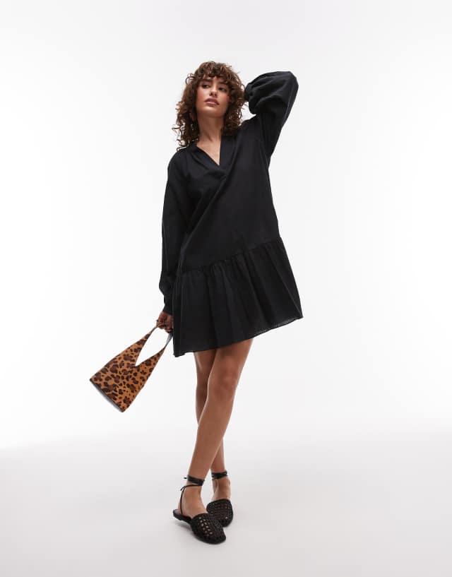 ARKET seersucker mini dress with tiered hem and puff sleeves in black | ASOS
