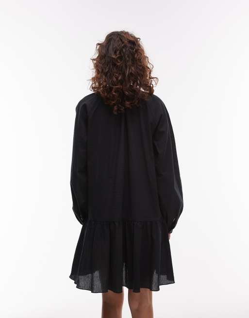 ARKET seersucker mini dress with tiered hem and puff sleeves in black, 2 of 4