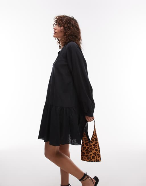 ARKET seersucker mini dress with tiered hem and puff sleeves in black, 3 of 4