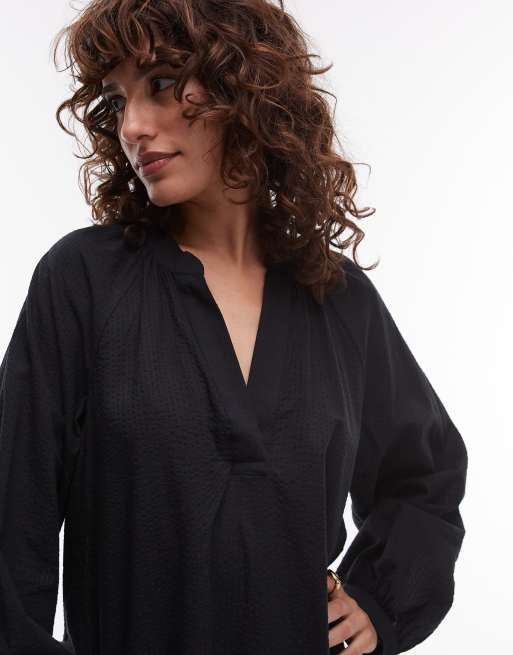 ARKET seersucker mini dress with tiered hem and puff sleeves in black, 4 of 4