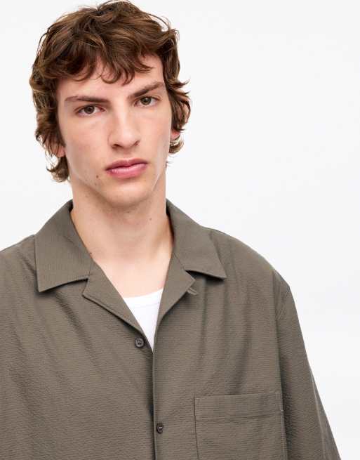 ARKET seersucker short sleeve shirt in brown, 3 of 4