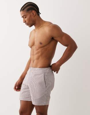 seersucker swim shorts in burgundy stripes-Red