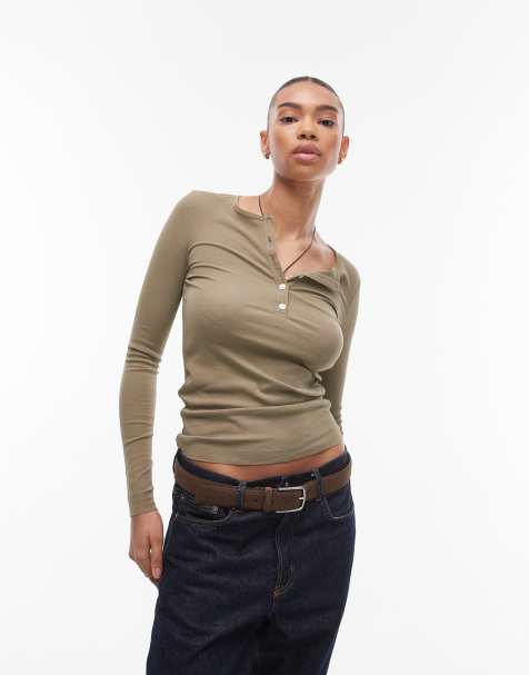 ARKET sheer jersey long sleeve top with button placket in khaki green - view 1