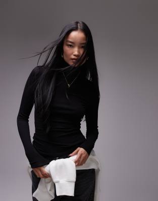 Arket ARKET sheer jersey rib long sleeve top with high neck in black