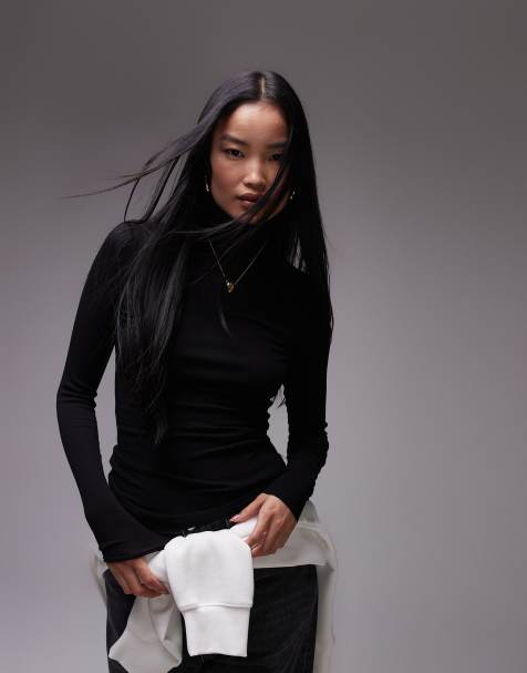 ARKET sheer jersey rib long sleeve top with high neck in black - view 1
