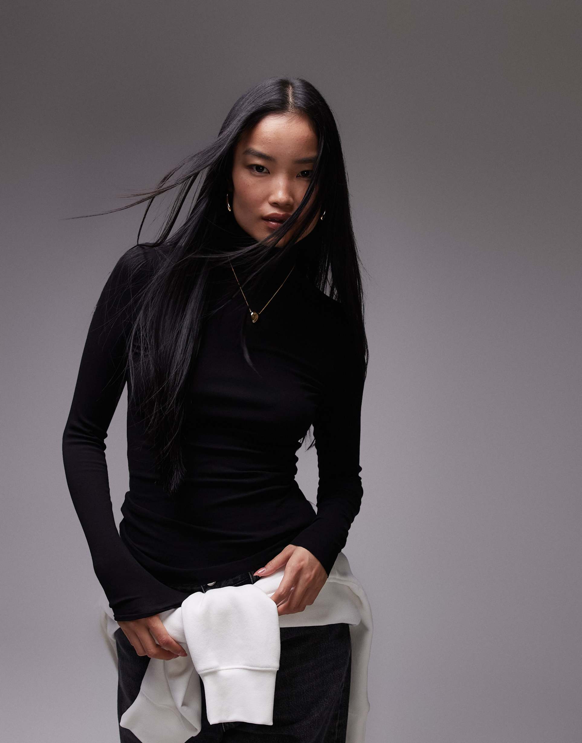 arket sheer jersey rib long sleeve top with high neck in black