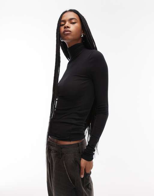 ARKET sheer jersey rib long sleeve top with high neck in black