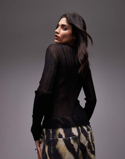 ARKET sheer knit long line fitted top in black, 3 of 4