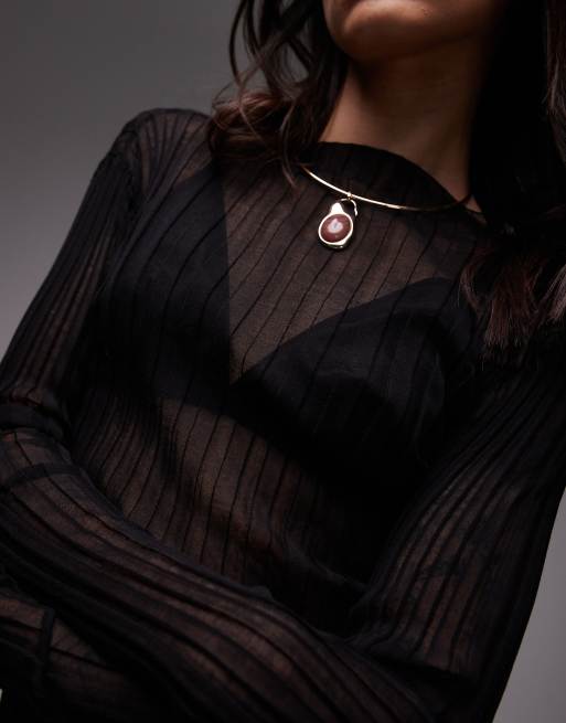 ARKET sheer knitted longline fitted top in black, 2 of 4