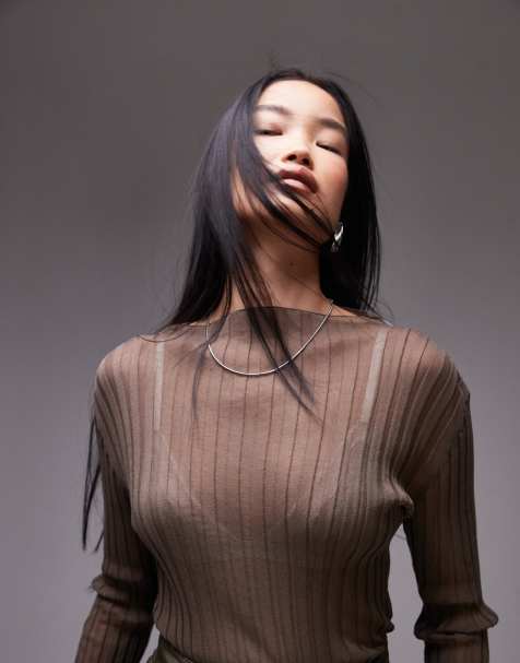 ARKET sheer knitted longline fitted top in khaki brown - view 1