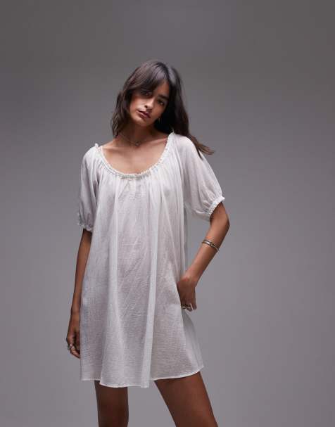 ARKET sheer voile mini beach dress with puff sleeves in white - view 1