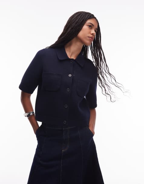 ARKET short sleeve compact knit cardigan jacket in navy - view 1