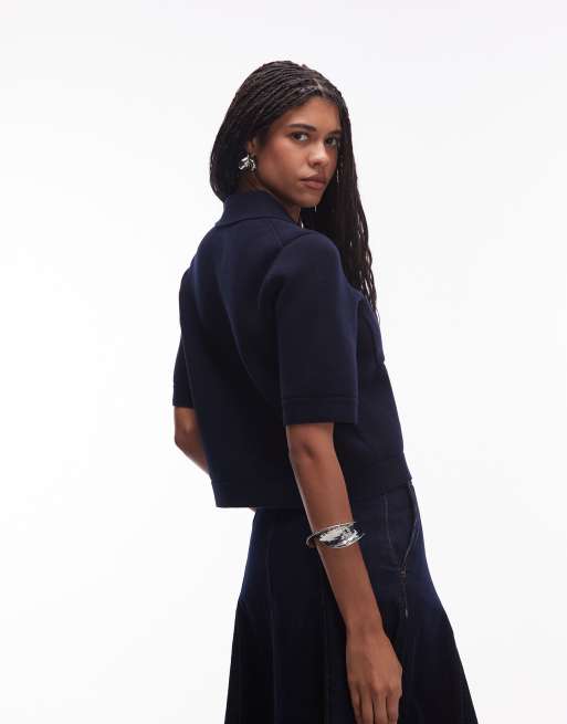 ARKET short sleeve compact knit cardigan jacket in navy, 3 of 4