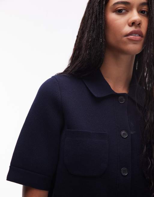 ARKET short sleeve compact knit cardigan jacket in navy, 4 of 4