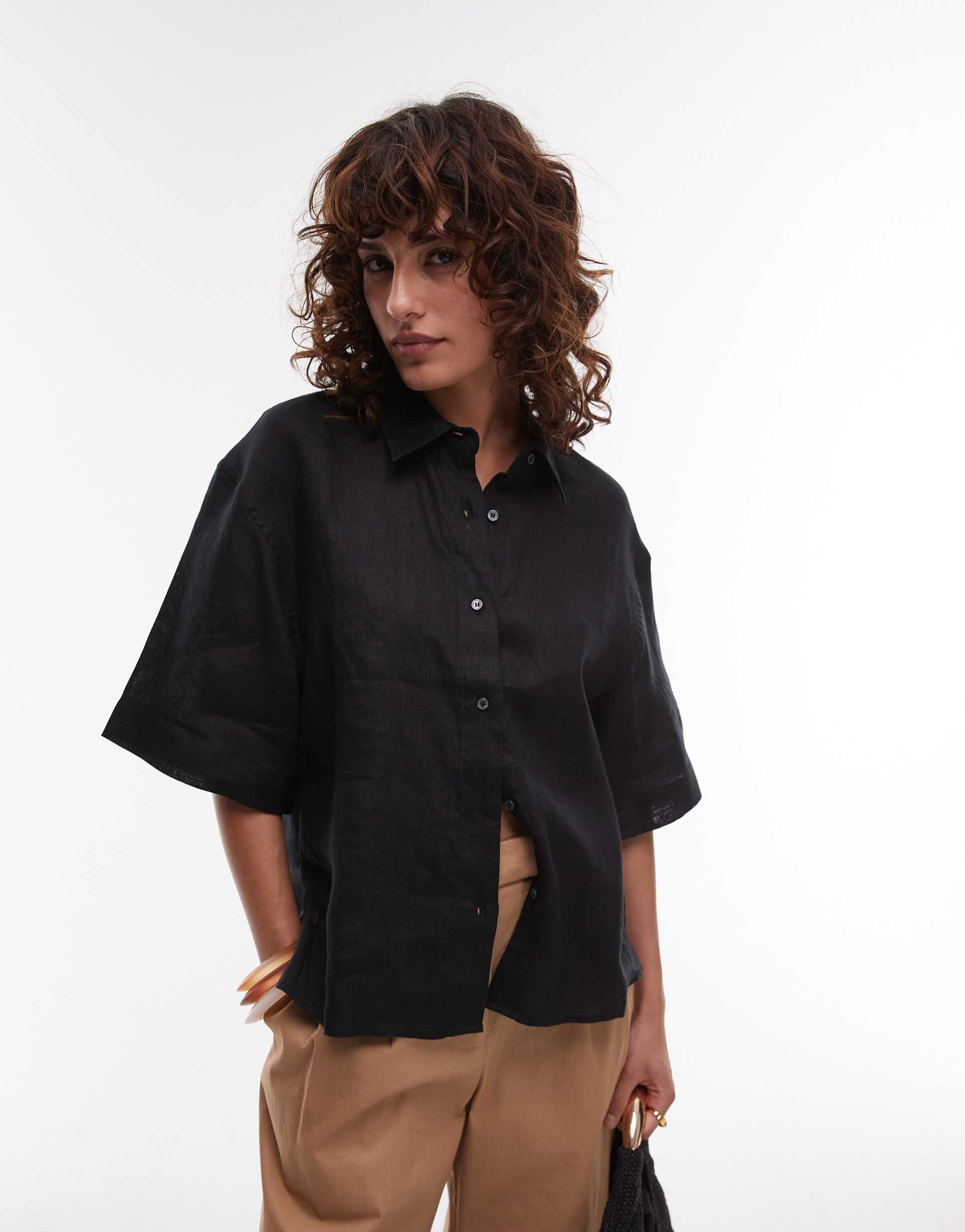 arket short sleeve linen look shirt in black