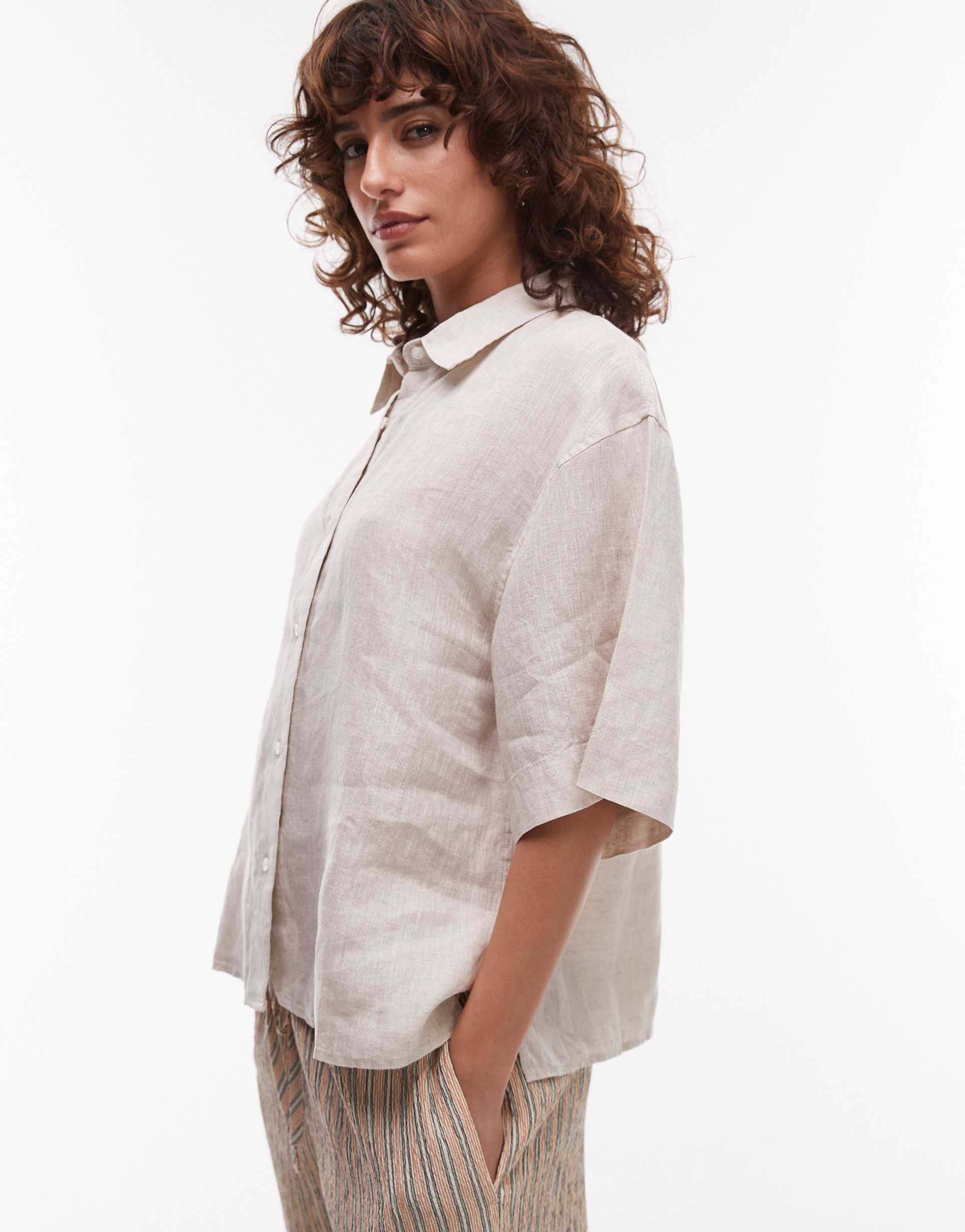 arket short sleeve linen shirt in beige