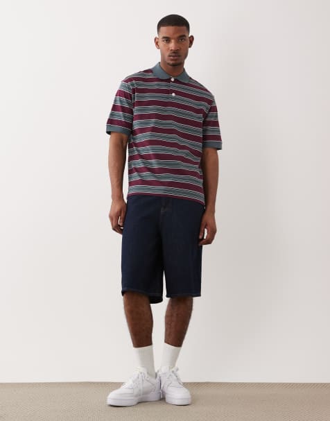 ARKET short sleeve polo shirt in burgundy and blue stripe - view 1