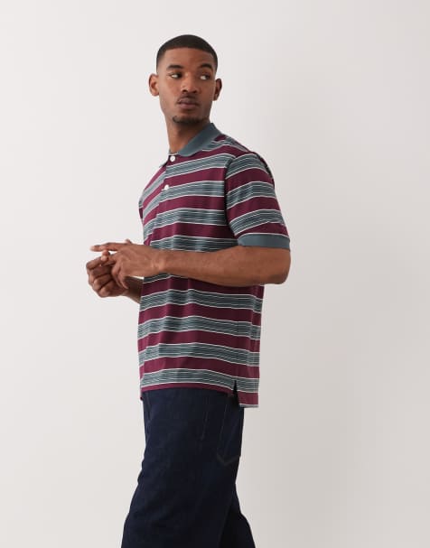 ARKET short sleeve polo shirt in burgundy and blue stripe