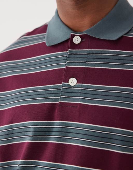 ARKET short sleeve polo shirt in burgundy and blue stripes, 3 of 5
