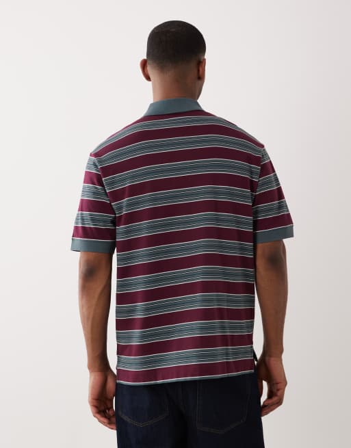 ARKET short sleeve polo shirt in burgundy and blue stripes, 4 of 5