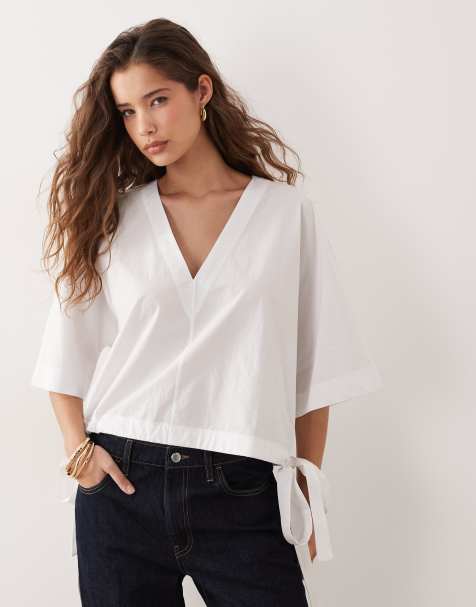 ARKET short sleeve v neck blouse in white - view 1
