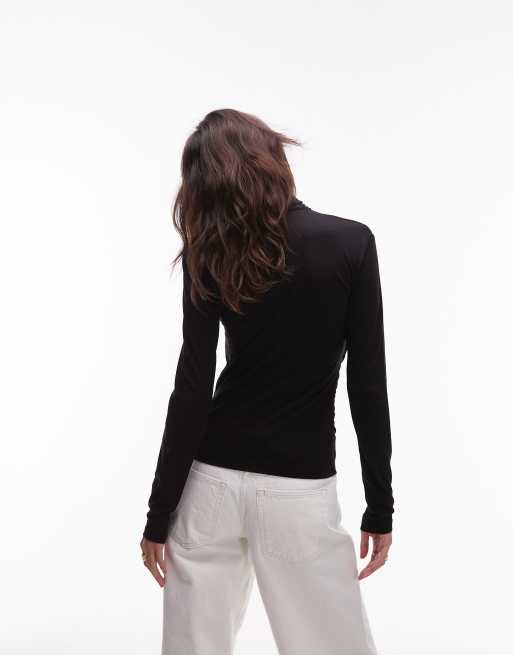 ARKET sleek jersey wrap front top with ruche detail in black, 4 of 4