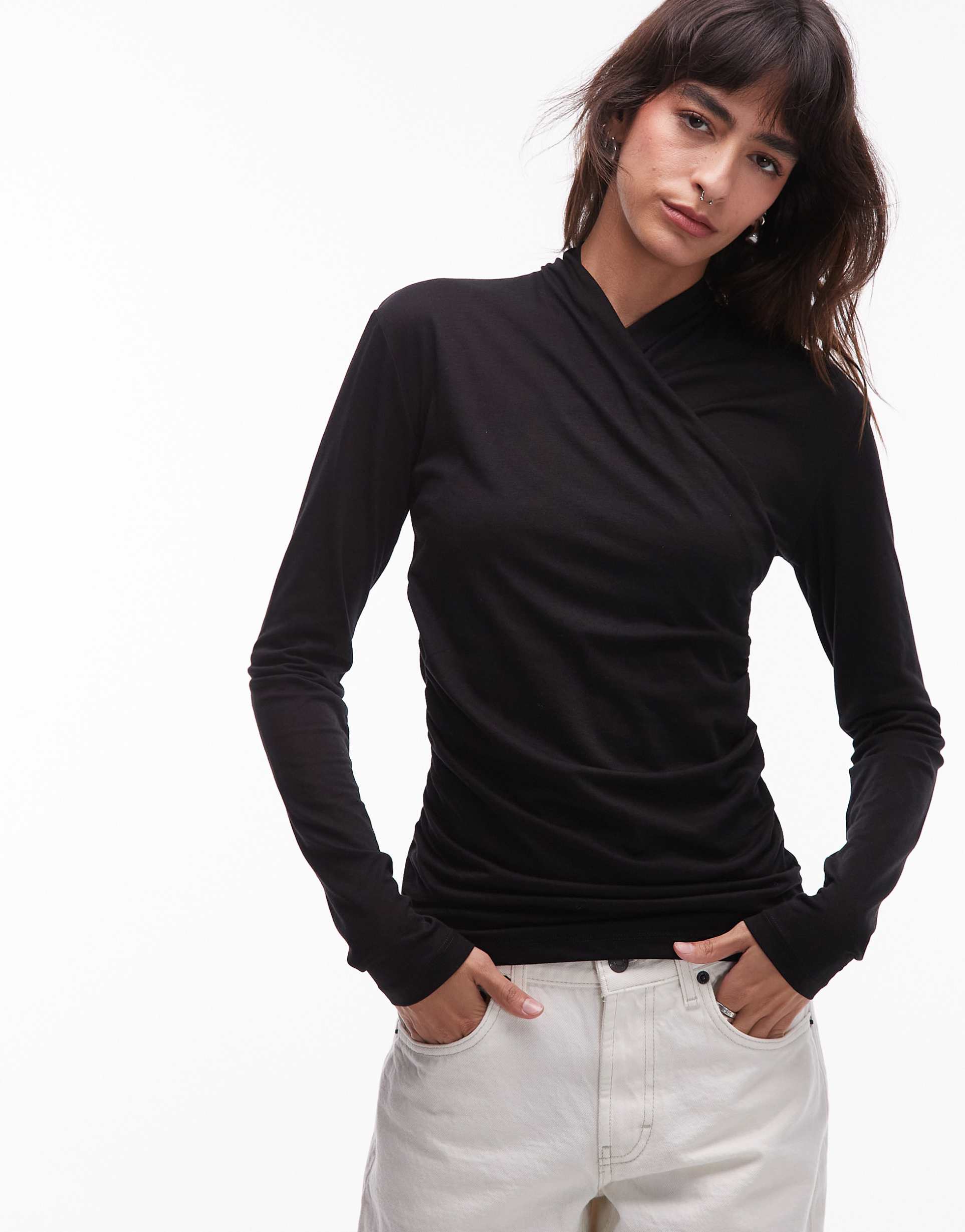 arket sleek jersey wrap front top with ruched detail in black