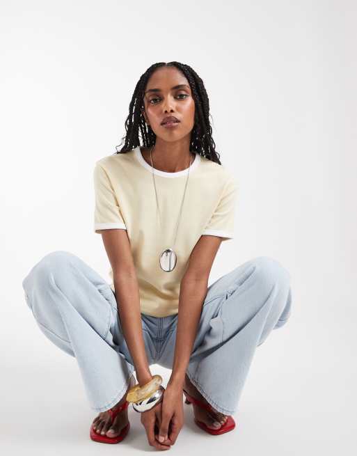 ARKET - Slim-fit geribbeld T-shirt met randje in lichtgeel, 3 van 7