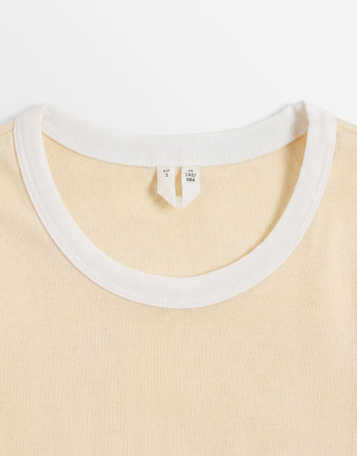 ARKET slim fit ribbed t-shirt with trim in butter yellow, 8 of 9
