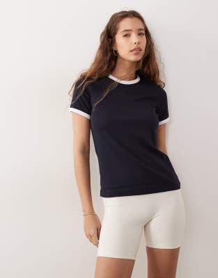 Arket Slim Fit Ribbed T-shirt With Trim In Blue