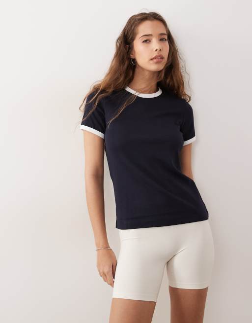 ARKET slim fit ribbed t-shirt with trim in navy blue, 3 of 4
