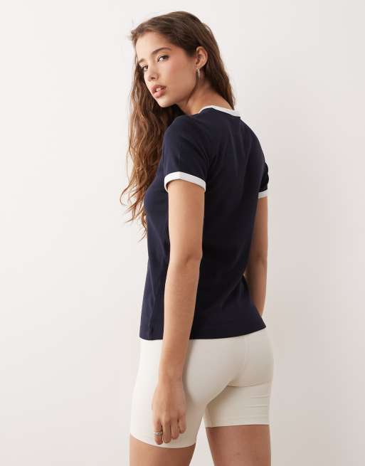 ARKET slim fit ribbed t-shirt with trim in navy blue, 4 of 4
