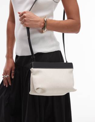 Arket Small Canvas Cross Body Bag With Black Leather Details Contrast Stitches In Neutral