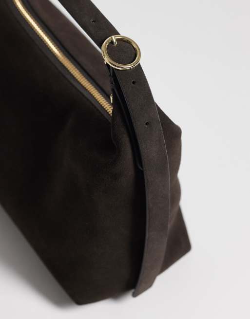 ARKET small pure suede leather detachable cross body tote bag in dark brown, 3 of 4