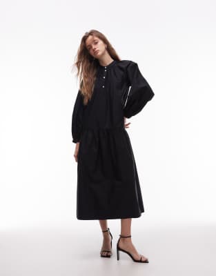 smock maxi dress with puff sleeves in black
