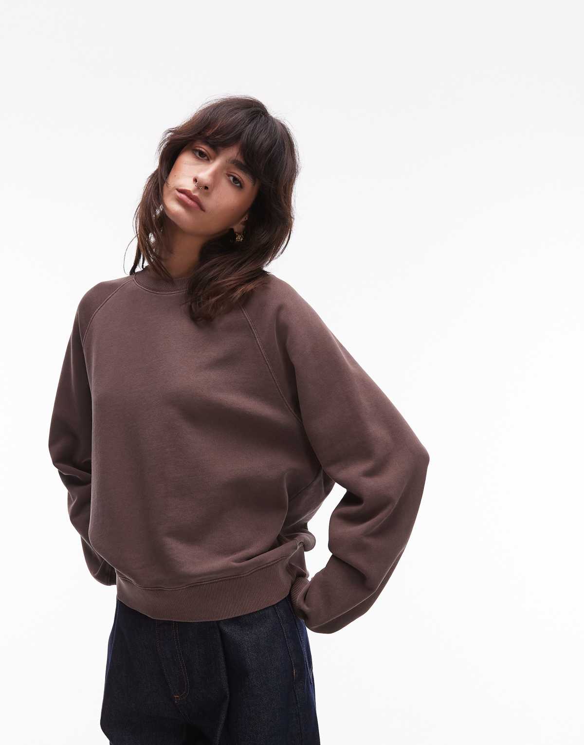 ARKET soft crew neck terry sweatshirt in brown