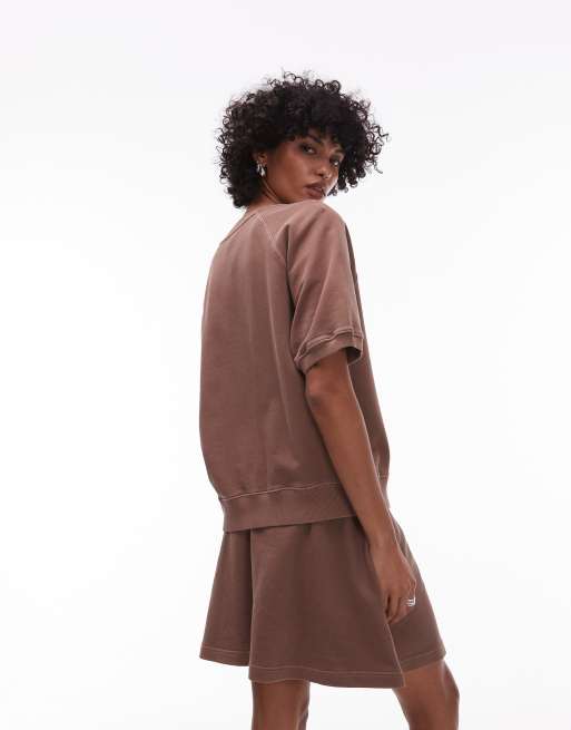 ARKET soft terry sweatshirt with short sleeves in washed brown