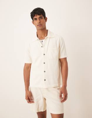 soft touch boucle texture knit short sleeve shirt in off white