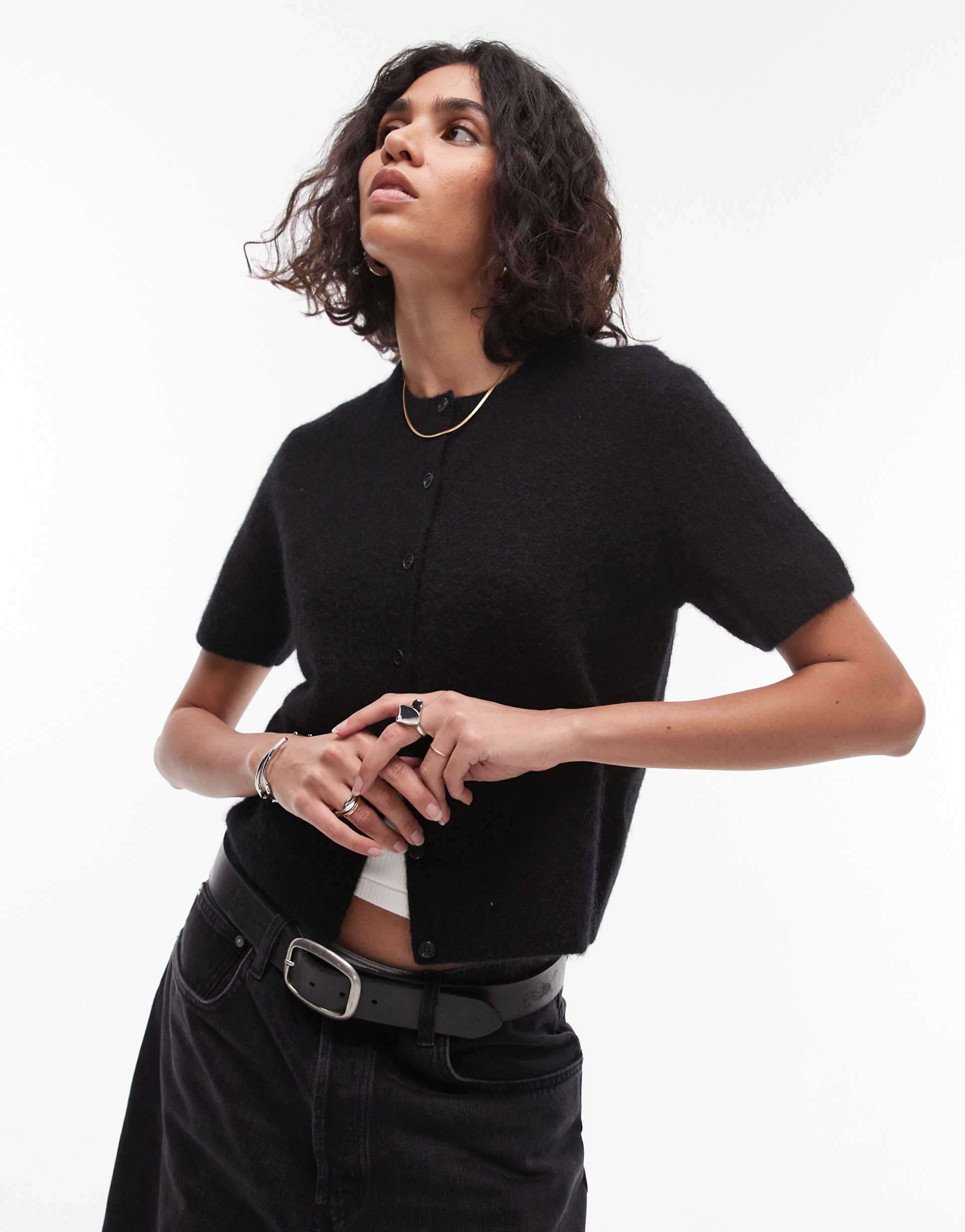 arket soft touch fluffy cardigan with short sleeves in black