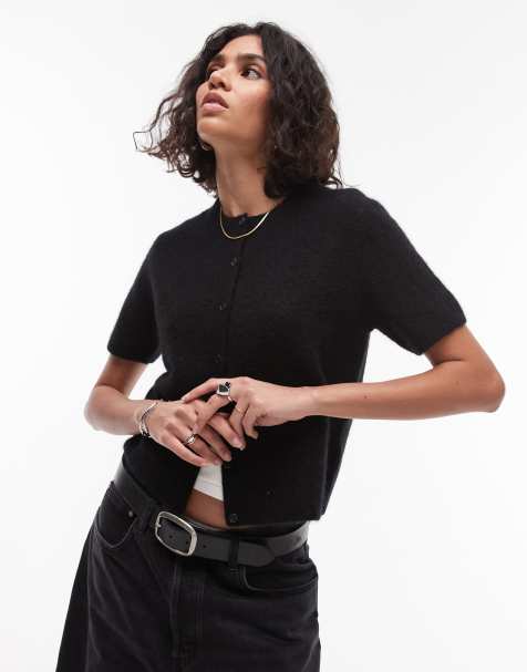 ARKET soft touch fluffy cardigan with short sleeves in black