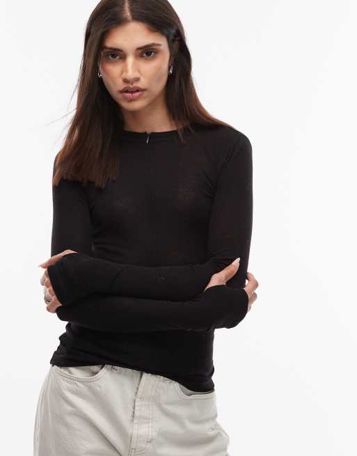 ARKET - Sort minimalistisk top i semigennemsigtig strik af merinould med kort lynlås