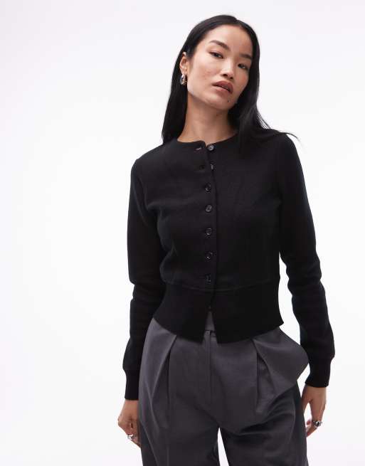 ARKET - Sort og uldrig cardigan med peplum-kant i dobbeltsidet strik