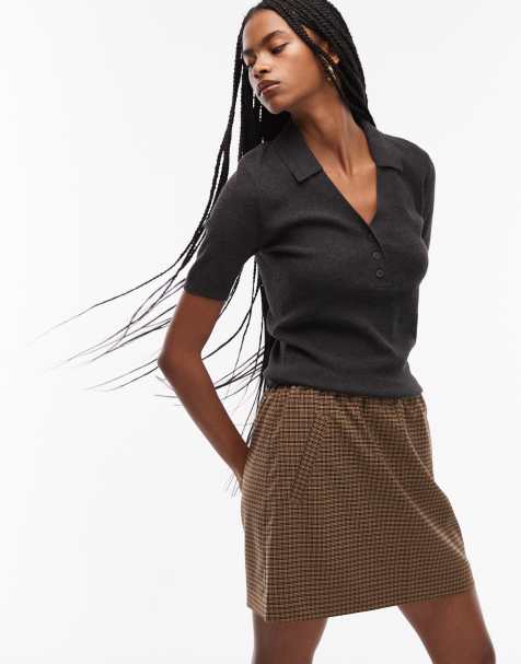 ARKET wool blend mini skirt in brown check