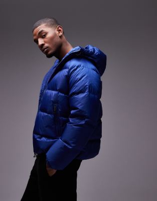 sporty down jacket with hood in bright blue