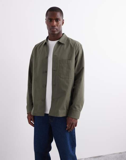 ARKET heavy poplin overshirt with button front in washed khaki